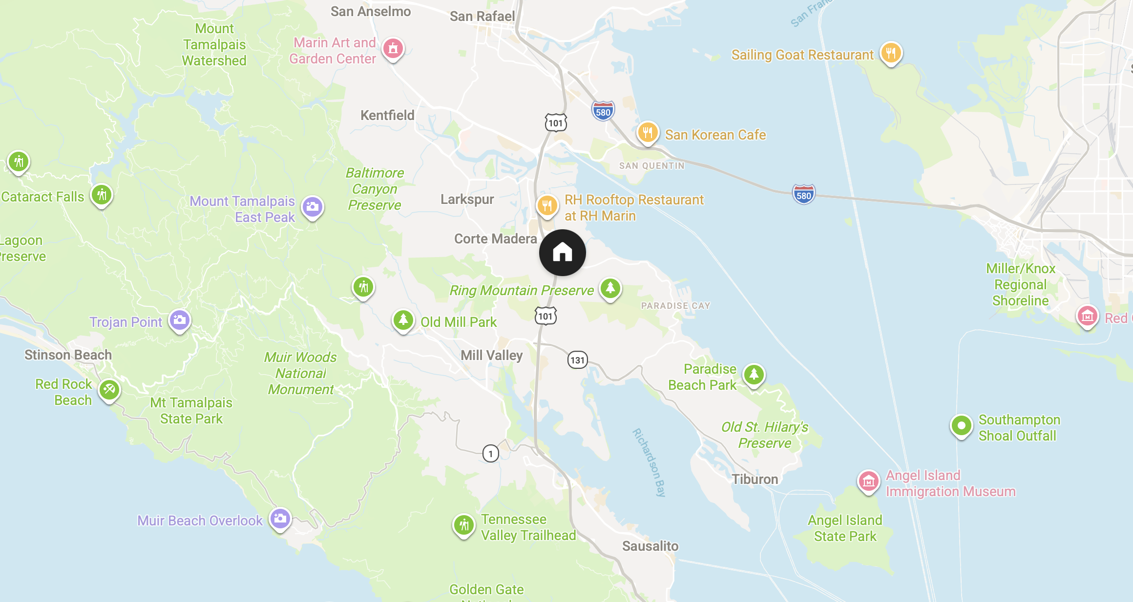 Map of Corte Madera showing the home's location near Ring Mountain Preserve, Old Mill Park, and Mount Tamalpais State Park